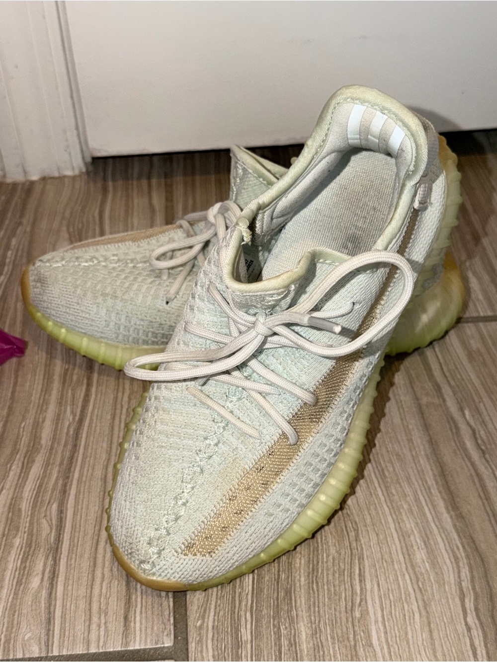 Yeezy Boost Low-Top Pale Green Knit Sneakers with Tan Stripe